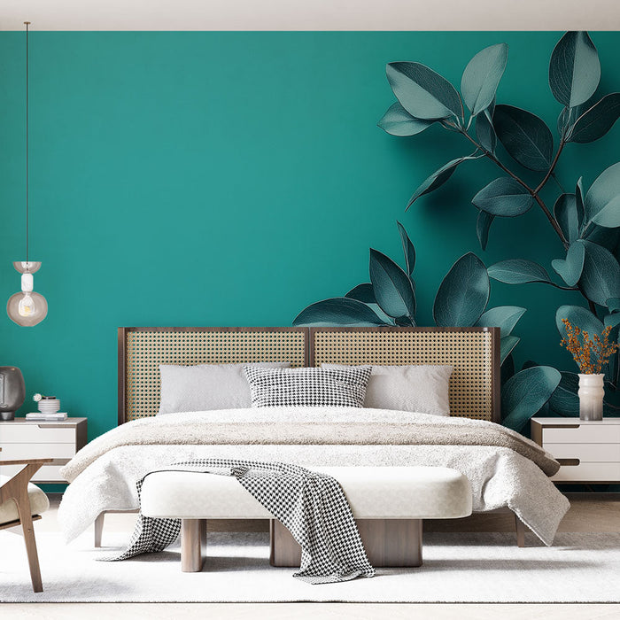 Mural Wallpaper teal blue | Elegant leaves on plain background