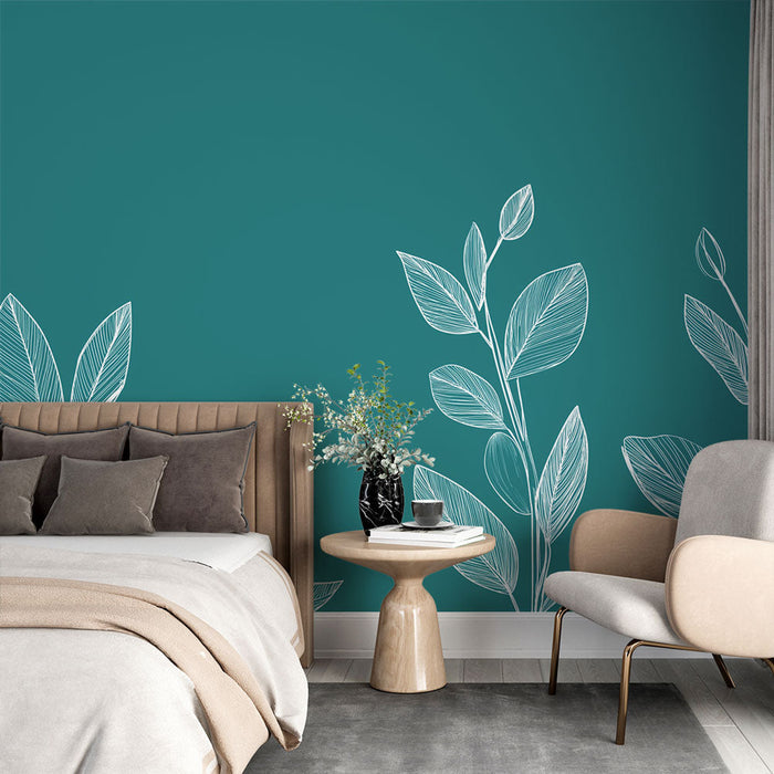 Mural Wallpaper teal blue | Finely drawn leaves on teal blue background