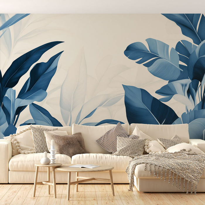 Carta da parati teal blue | Foglie illustrate in tonalità di blu