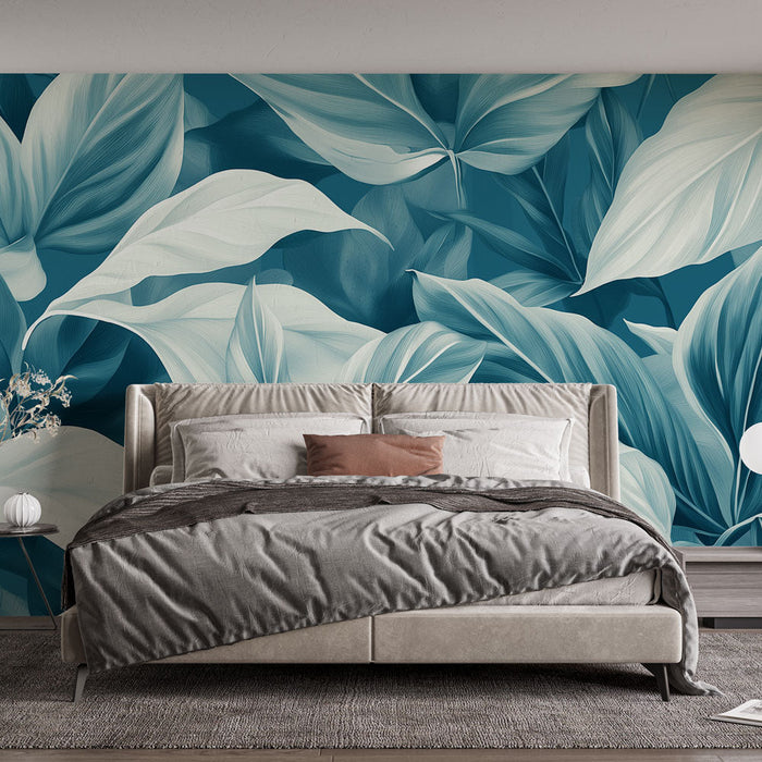 Carta da parati blu teal | Foglie rigogliose in tonalità rilassanti