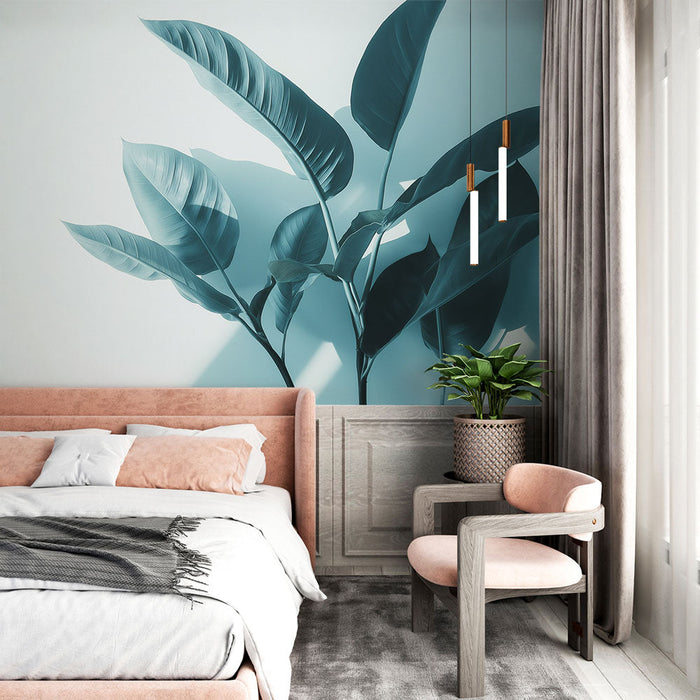Carta da parati blu teal | Foglie rigogliose e ombre delicate