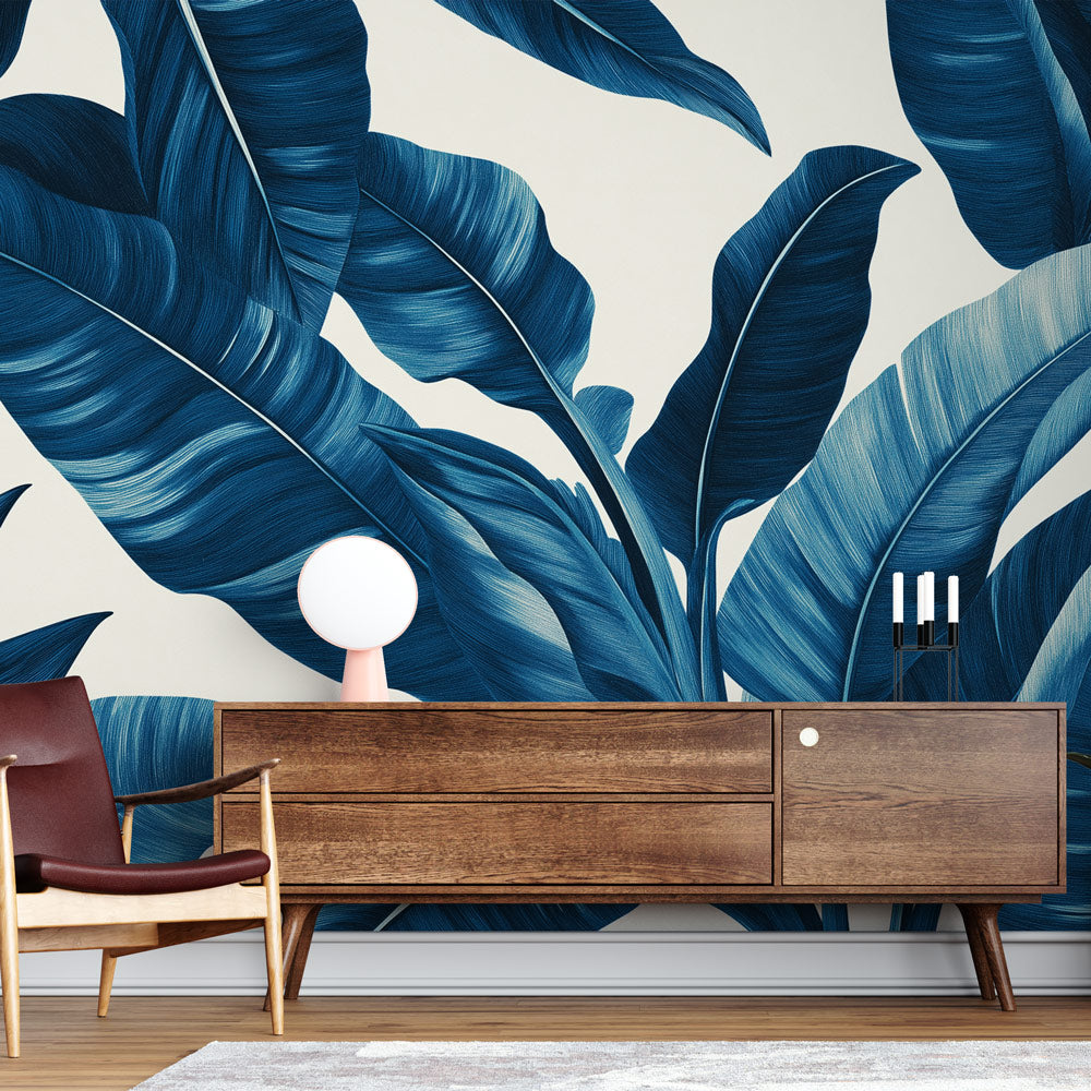 Papel de parede azul petróleo | Folhas modernas em tons de azul —  WonderMural, image size:1000x1000
