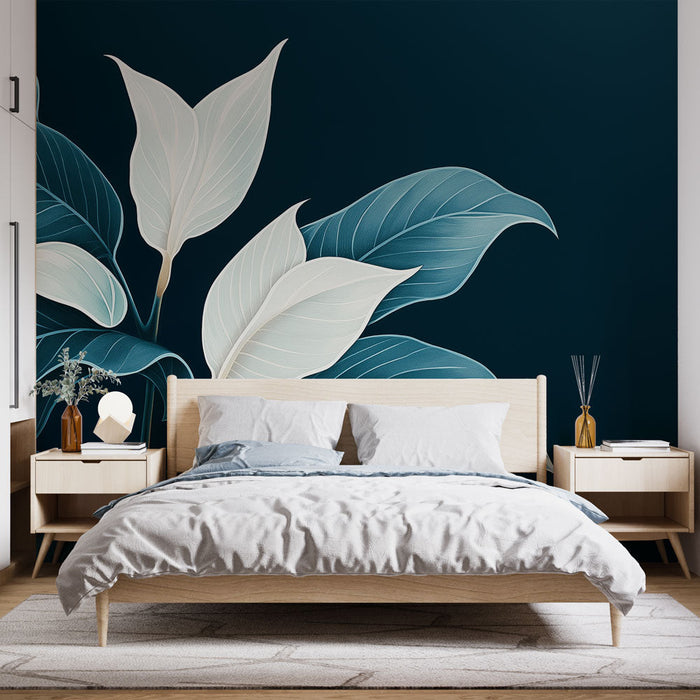 Tapetti teal blue | Tyyliteltyjä lehtiä syvällä taustalla