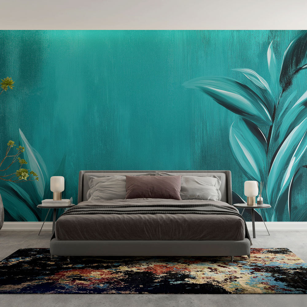 Papel de parede azul petróleo | Folhas estilizadas em fundo texturizad —  WonderMural, image size:1000x1000