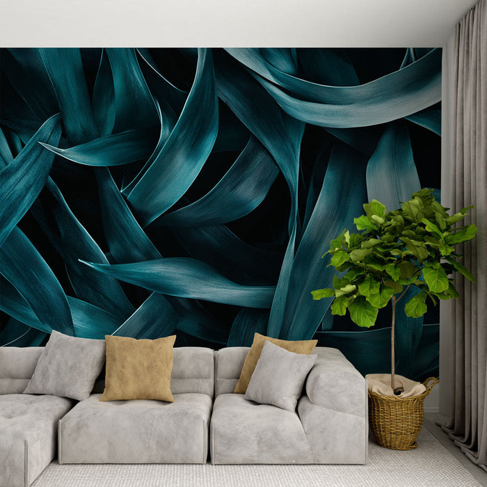 Tapetti teal sininen | Tekstuuriset lehdet syvillä sävyillä