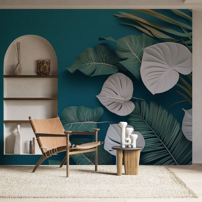 Carta da parati blu teal | Foglie tropicali bianche e verdi