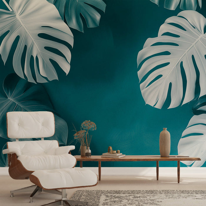 Ταπετσαρία τοίχου τιρκουάζ μπλε | Λευκά τροπικά φύλλα σε ένα καταπραϋντικό φόντο