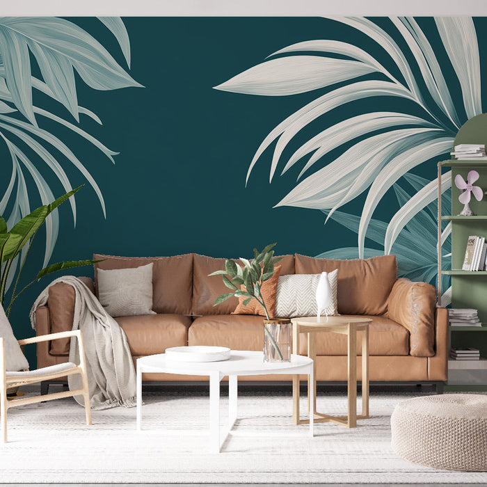 Ταπετσαρία τιρκουάζ μπλε | Λευκά τροπικά φύλλα σε τιρκουάζ μπλε φόντο
