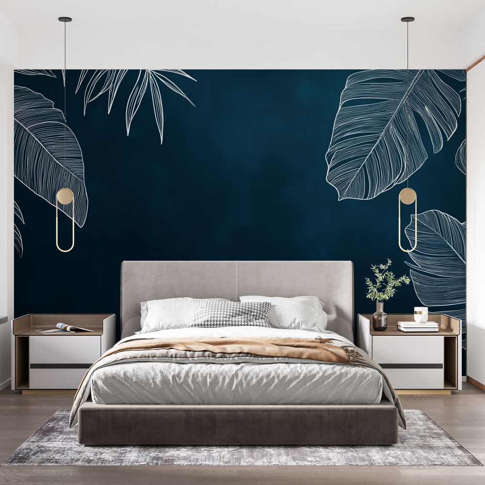 Papel de parede azul petróleo | Folhas tropicais brancas em fundo azul —  WonderMural, image size:1000x1000
