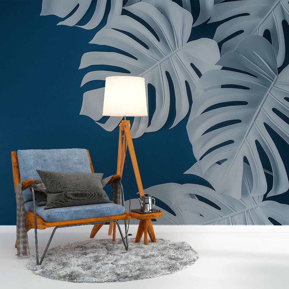 Papel de parede azul petróleo | Folhas tropicais brancas em fundo azul —  WonderMural, image size:1000x1000