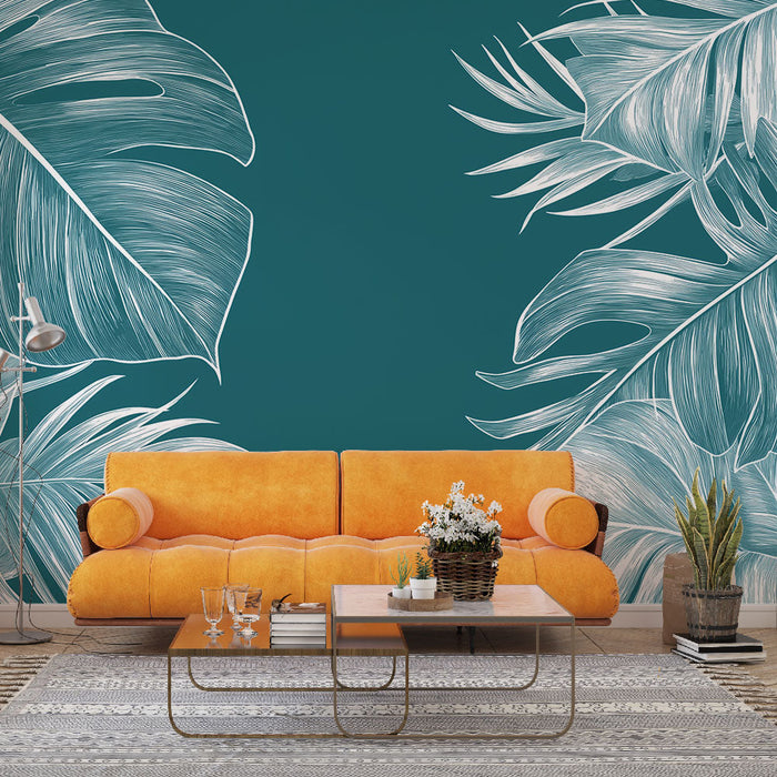 Tapete tealblau | Weiße tropische Blätter auf modernem Hintergrund