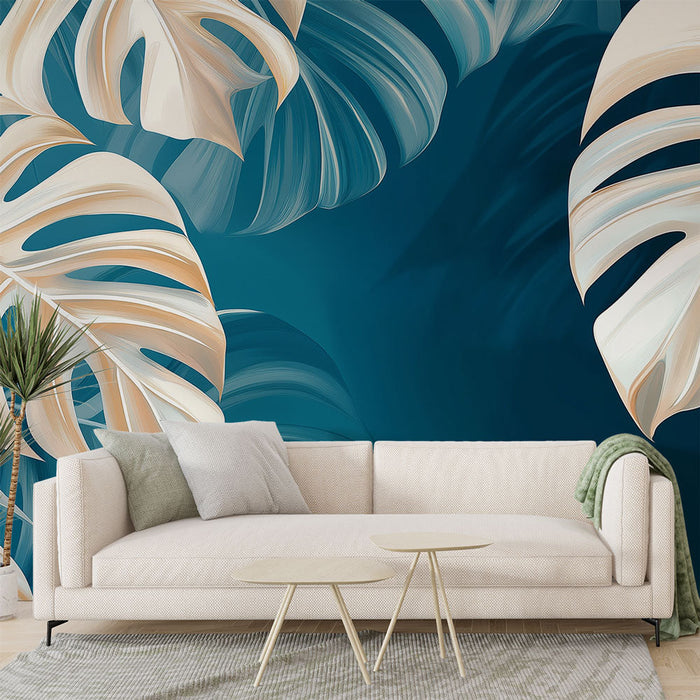 Ταπετσαρία τοίχου σε μπλε τιρκουάζ | Κομψά τροπικά φύλλα σε αποχρώσεις του μπλε και της κρέμας
