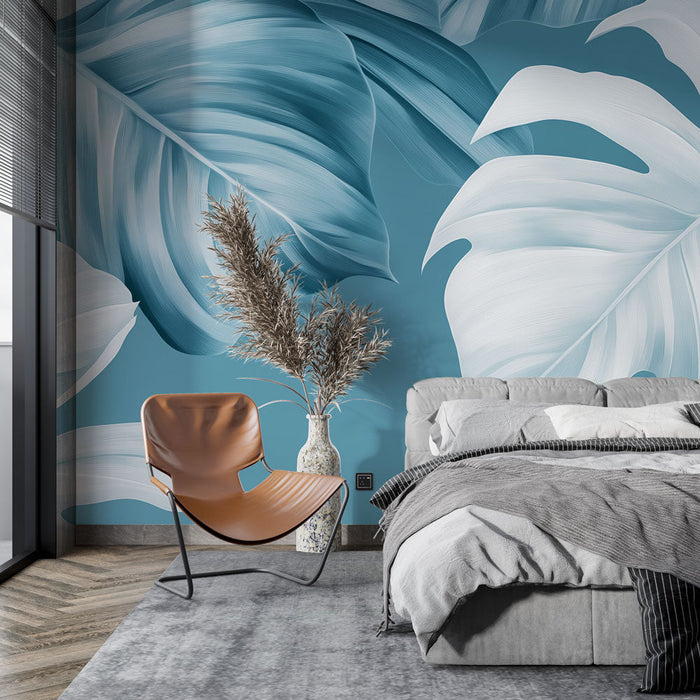 Papel de parede teal blue | Folhas tropicais elegantes em tons de azul