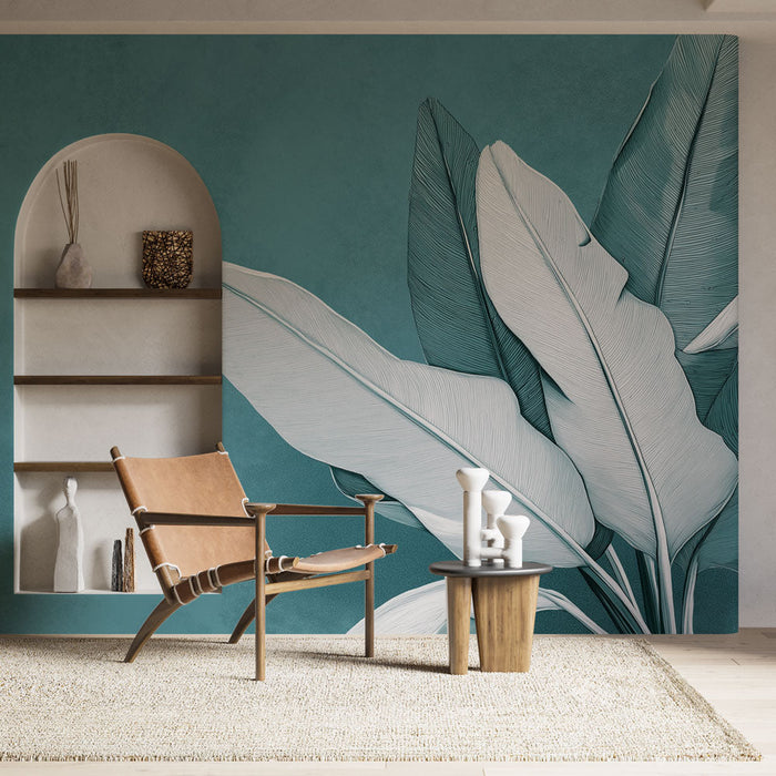 Ταπετσαρία τοιχογραφίας τιρκουάζ μπλε | Κομψά τροπικά φύλλα σε υφή φόντου