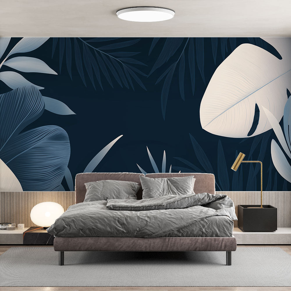 Papel de parede azul petróleo | Folhas tropicais e fundo escuro —  WonderMural, image size:1000x1000