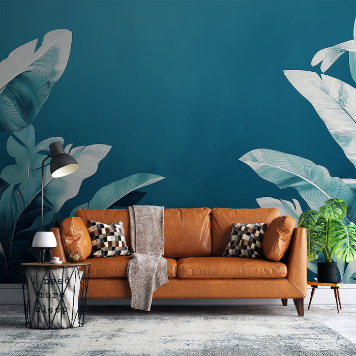 Tapeta teal blue | Stylizowane tropikalne liście w odcieniach niebieskiego