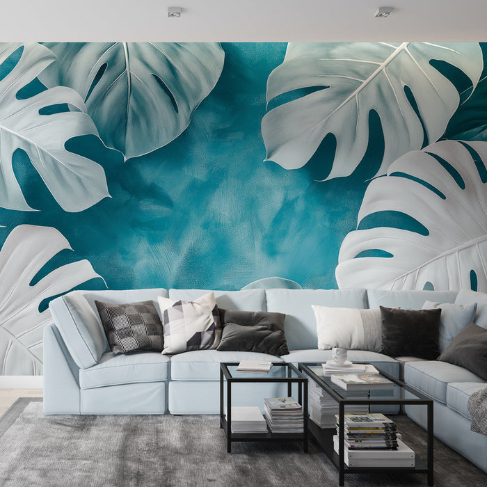 Papel de parede azul petróleo | Folhas tropicais estilizadas em um fundo azul