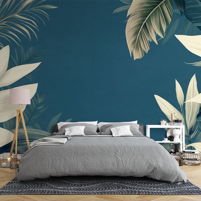 Carta da parati blu teal | Foglie tropicali stilizzate su uno sfondo ricco