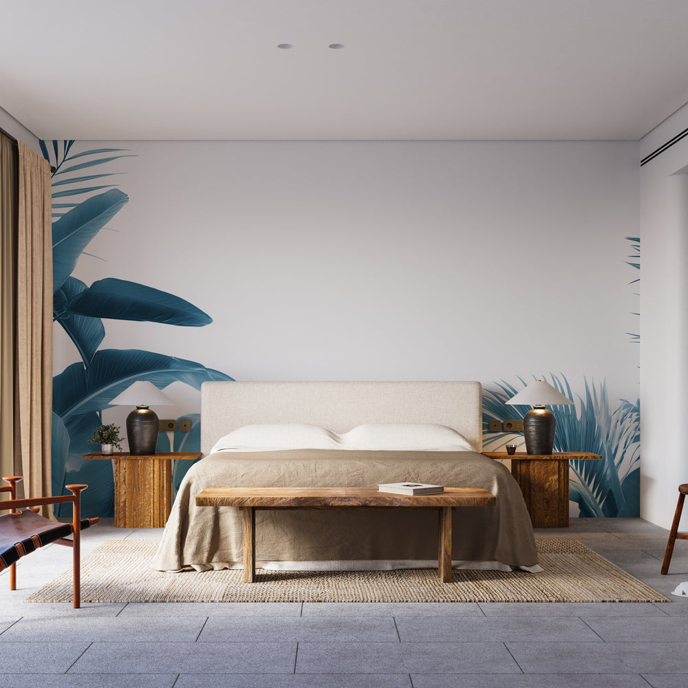 Papel de parede azul petróleo | Folhas tropicais em fundo branco minim —  WonderMural, image size:1000x1000