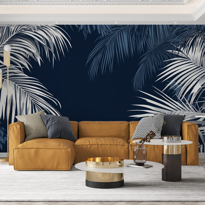 Tapetti teal blue | Trooppiset lehdet tummalla taustalla