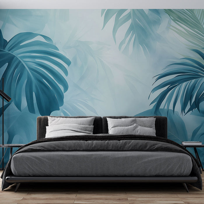 Tapeta modrozelená | Tropické listy v jemných odstínech