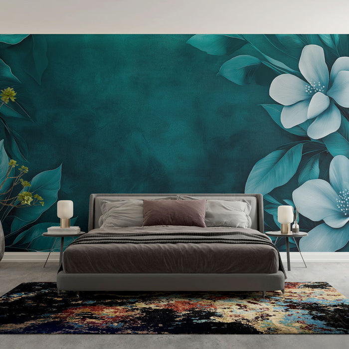 Mural Wallpaper teal modra | Bele rože in elegantno listje