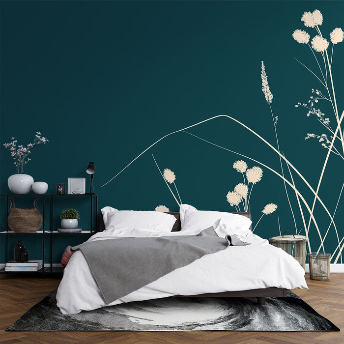 Ταπετσαρία τοίχου μπλε τιρκουάζ | Λεπτά λουλούδια σε ένα χαλαρωτικό φόντο