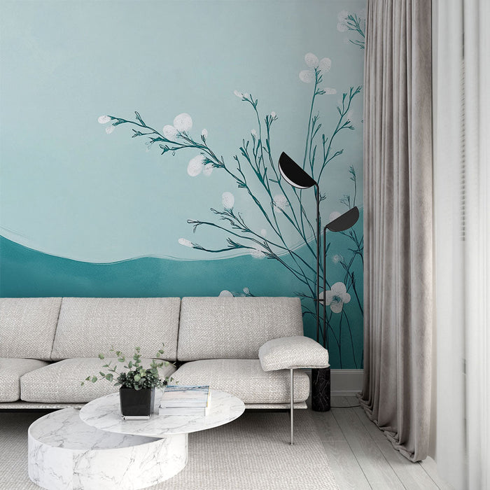 Ταπετσαρία τοίχου τιρκουάζ μπλε | Λεπτά λουλούδια σε υδάτινο φόντο