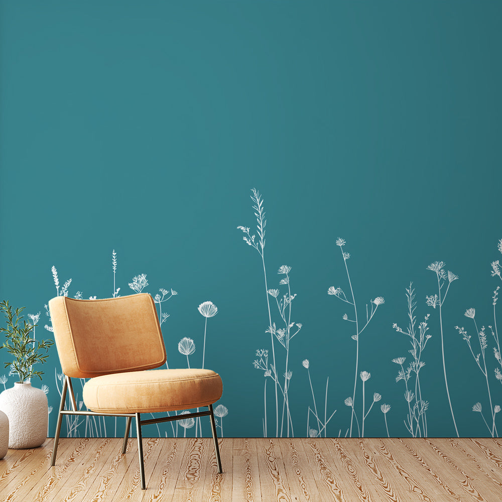 Papel de parede azul petróleo | Flores brancas minimalistas em fundo a —  WonderMural, image size:1000x1000