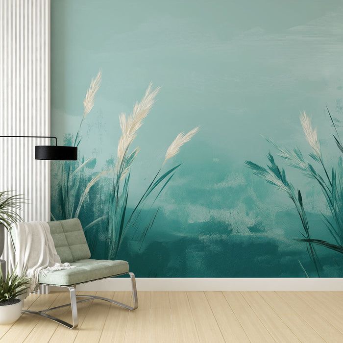 Mural Wallpaper teal blue | Elegant grasses on a soothing background
