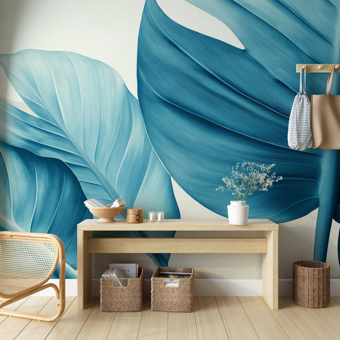 Muraaltapeet sinakasroheline | Suured troopilised lehed ja sinised varjundid