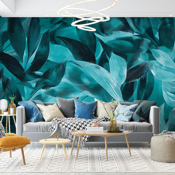 Foto Behang teal blauw | Artistiek en vloeiend bladpatroon