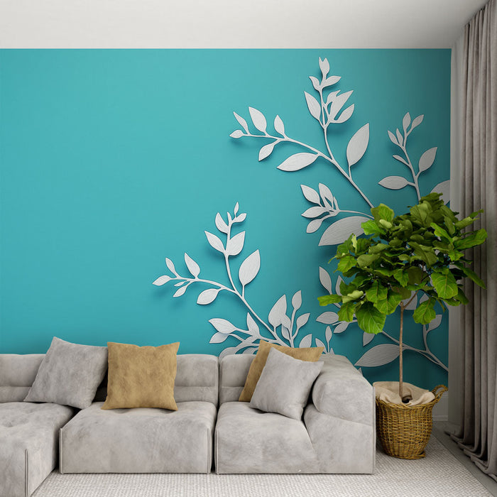 Carta da parati teal blue | Delicato motivo a foglia bianca