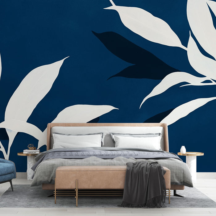 Mural Wallpaper teal blue | White leaf pattern on deep blue background
