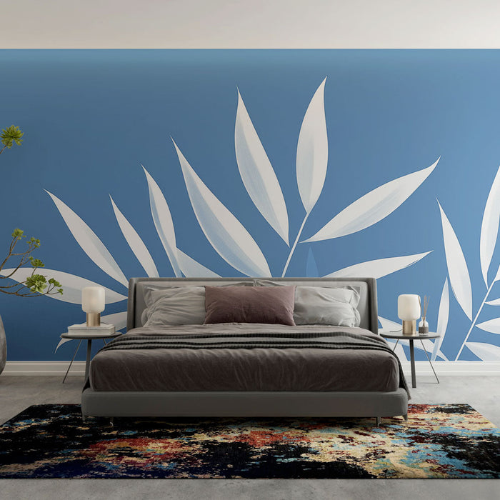 Mural Wallpaper teal blue | Elegant white leaf pattern