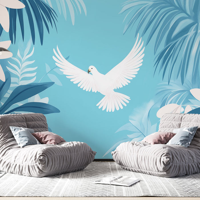 Ταπετσαρία τοιχογραφίας μπλε τιρκουάζ | Μοτίβο από φοίνικες και πουλιά που πετούν