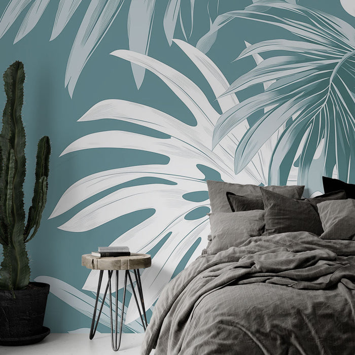 Fototapet i blågrønn | Elegant mønster av hvite tropiske blader