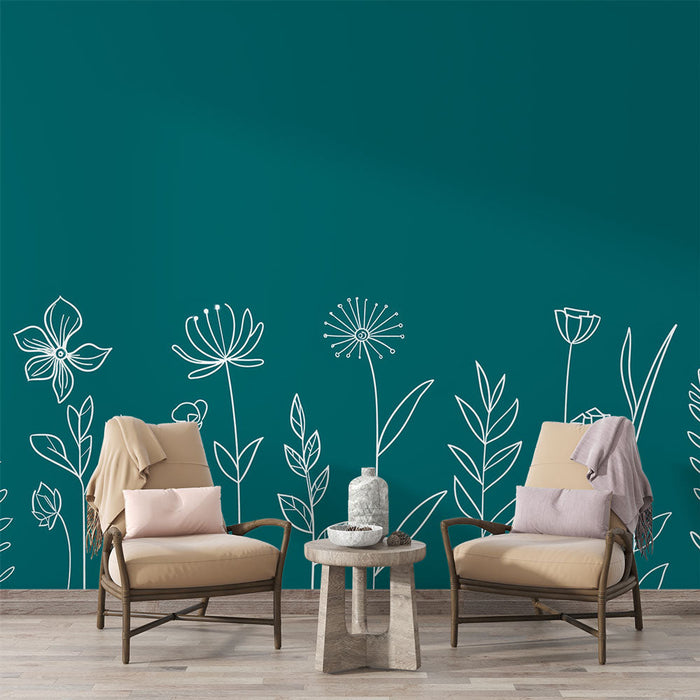 Tapetti teal blue | Minimalistinen kukkakuvio valkoisella ääriviivalla