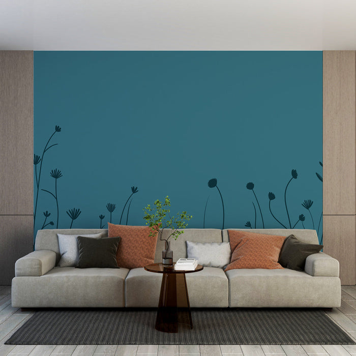 Fototapet teal blue | Minimalistisk blomster mønster i sorte silhuetter