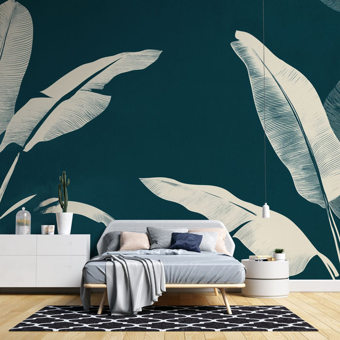 Mural Wallpaper teal blue | Exotic leaf patterns with clean lines