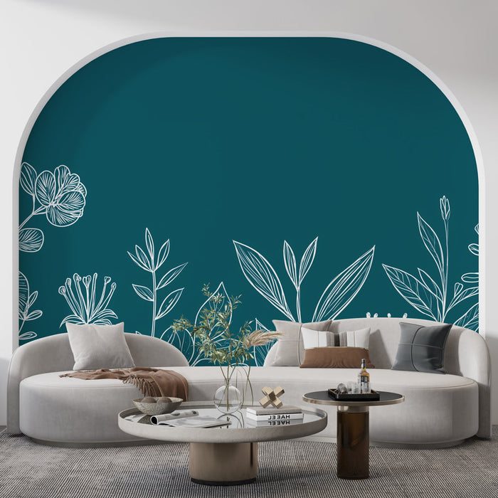 Tapetti teal blue | Hienovaraiset kukkakuviot valkoisella