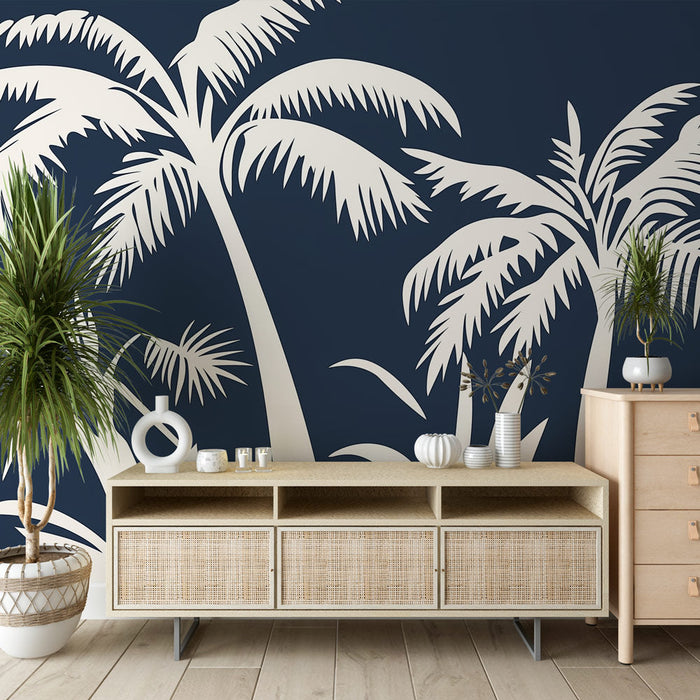 Tapetti teal sininen | Valkoiset palmut syvän sinisellä taustalla