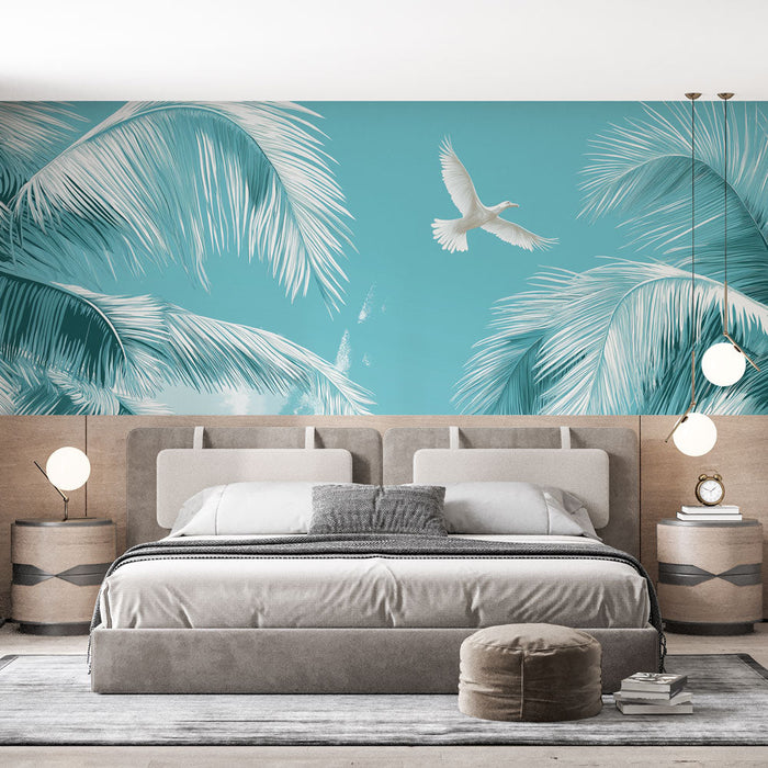 Fototapet teal blue | Stiliserte palmer og beroligende himmel