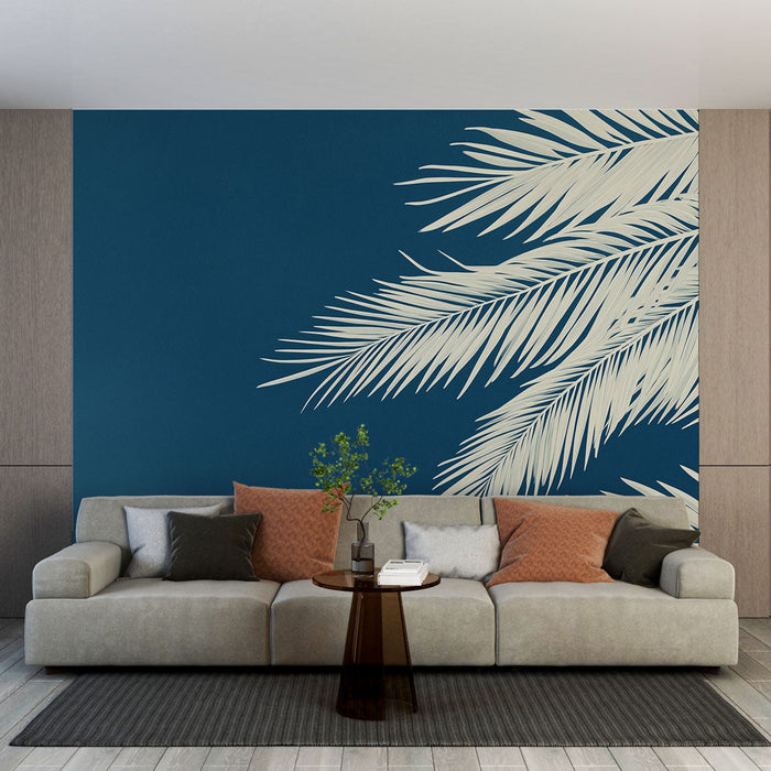 Tapeta teal blue | Stylizowane palmy na głębokim niebieskim tle