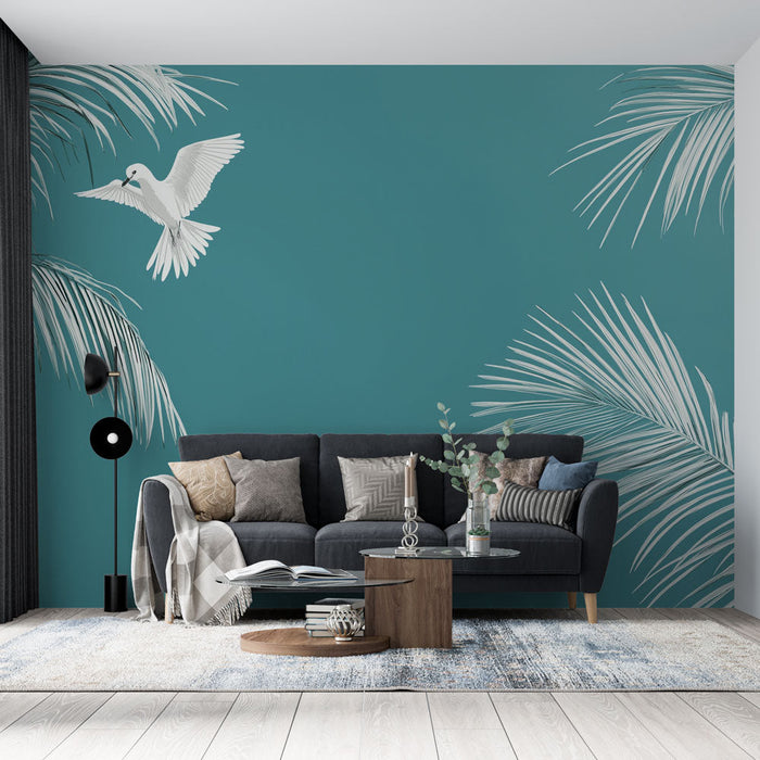 Tapetti teal blue | Kasvit ja lintu lennossa aqua-taustalla