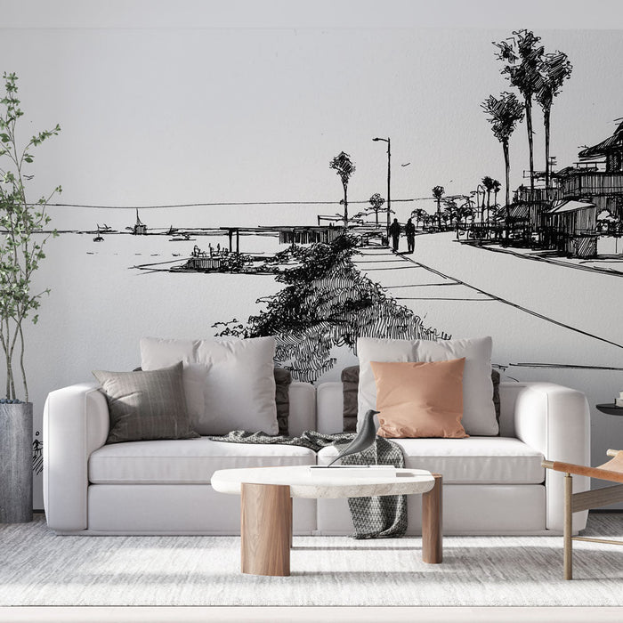 Fototapet kıyı | Palmiye ağaçları ve deniz manzaralı bir sahil caddesinin eskizleri