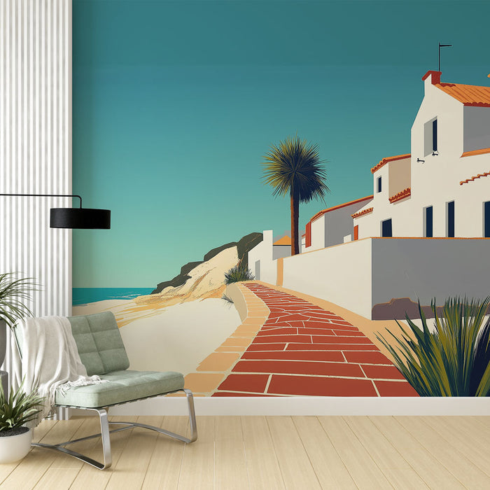 Fototapete Meeresküste | Weiße Häuser und Backsteinweg mit Blick auf den Strand