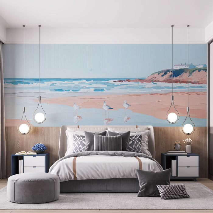 Fototapete Strand | Beruhigende Landschaft mit Möwen und sanften Wellen