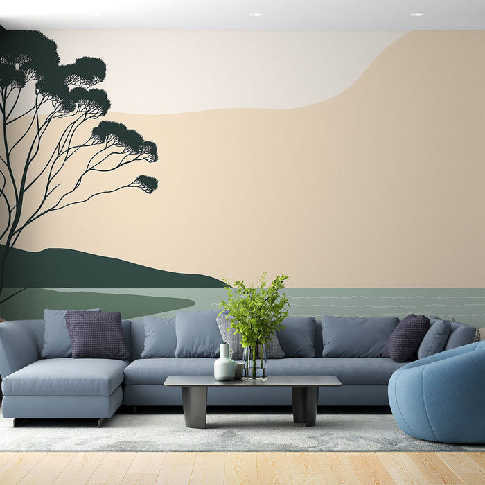 Tapetti rannikko | Minimalistinen maisema kasvillisuudella ja tyynellä valtamerellä