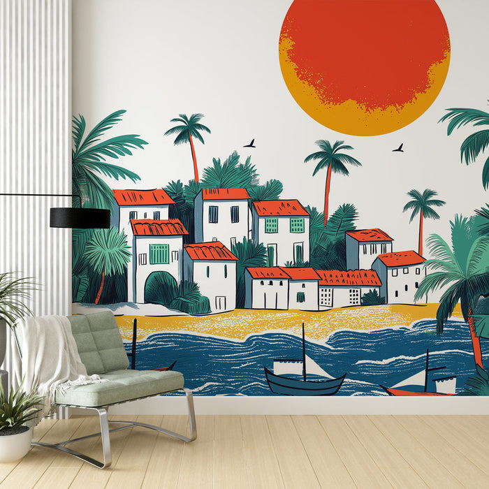 Tapete am Meer | Tropische Szene mit Häusern und Palmen